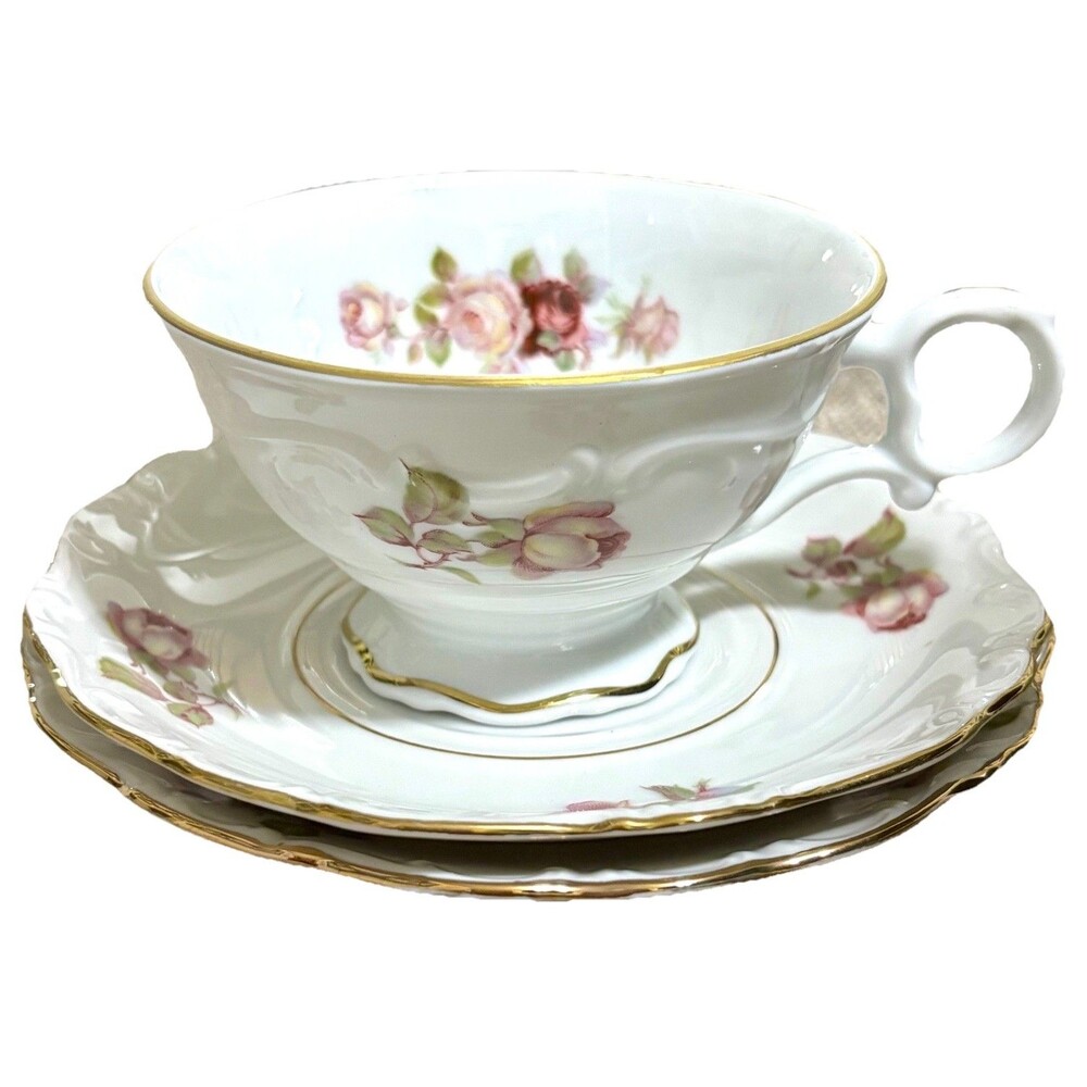 Schumann Bavaria Antique Rose Trio Tea Cup Saucer 6” Butter Plate Germany